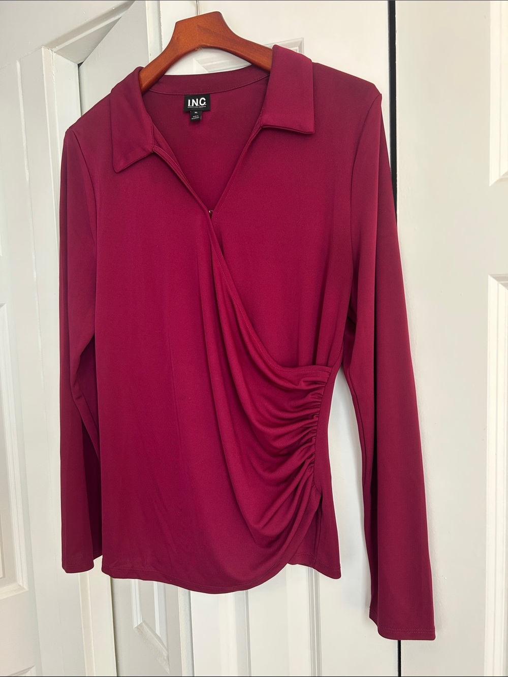 INC International Concepts Draped Ruched Long-Sleeve Blouse in Raspberry